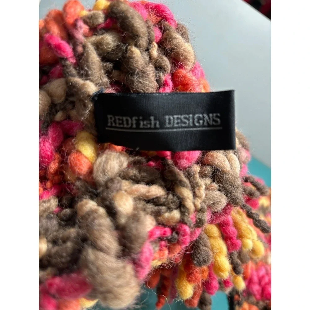 Redfish Designs‎ 100% Wool Chunky Knit Pom Beanie and Mittens Set Pink Orange
